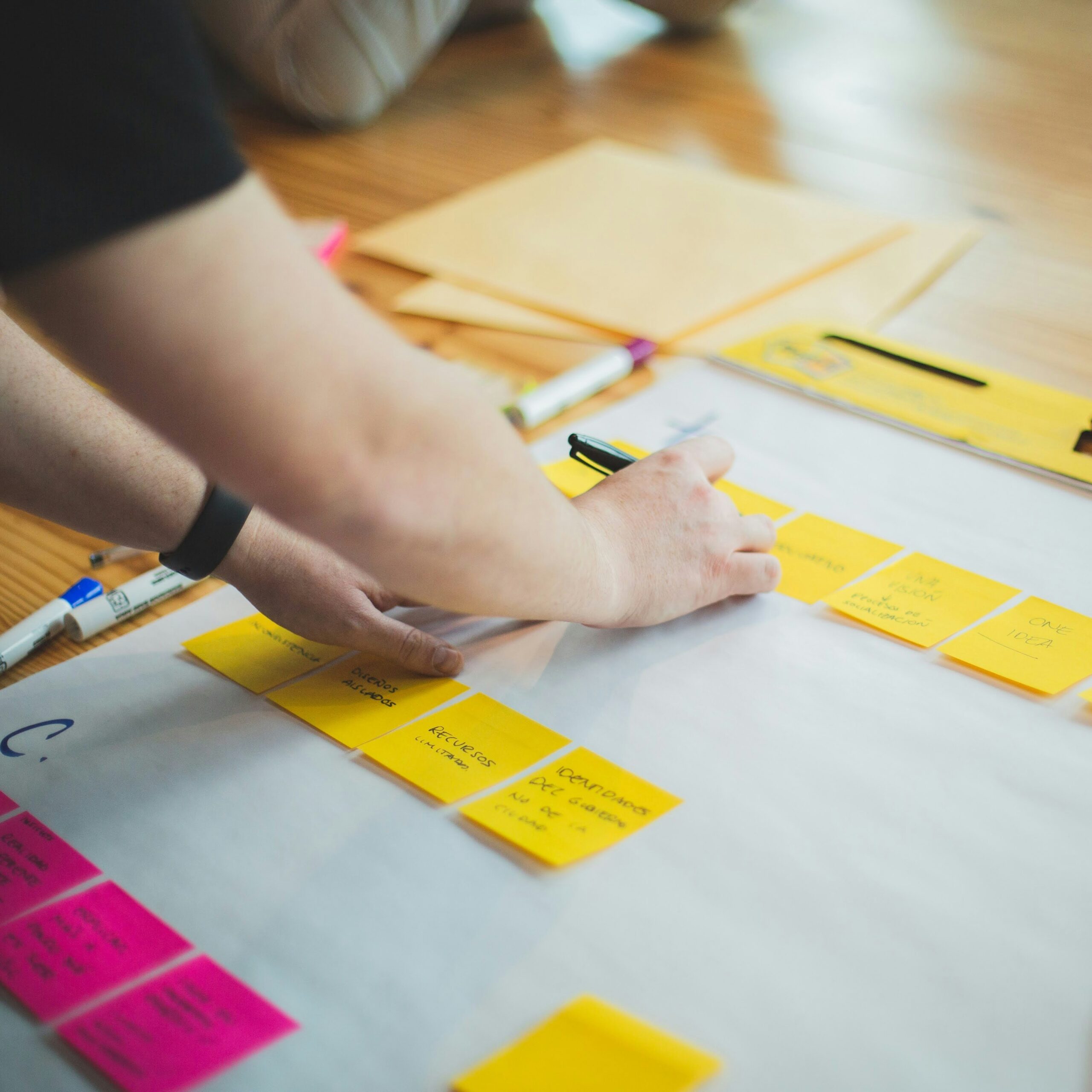 People writing action plan on sticky notes